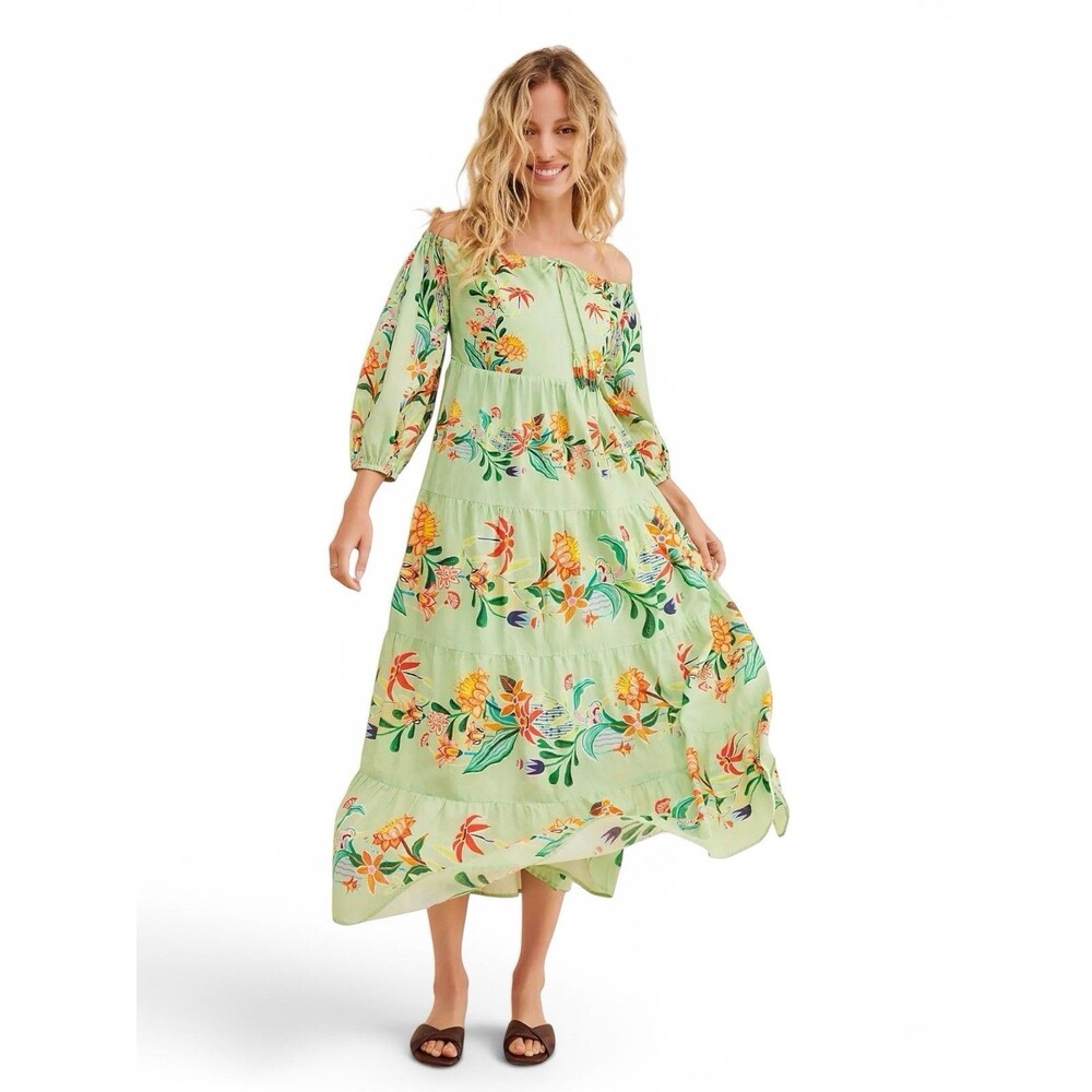 Farm Rio Tropical Floral Peasant Maxi Dress Small NWT Puff Sleeve Boho Flowy
